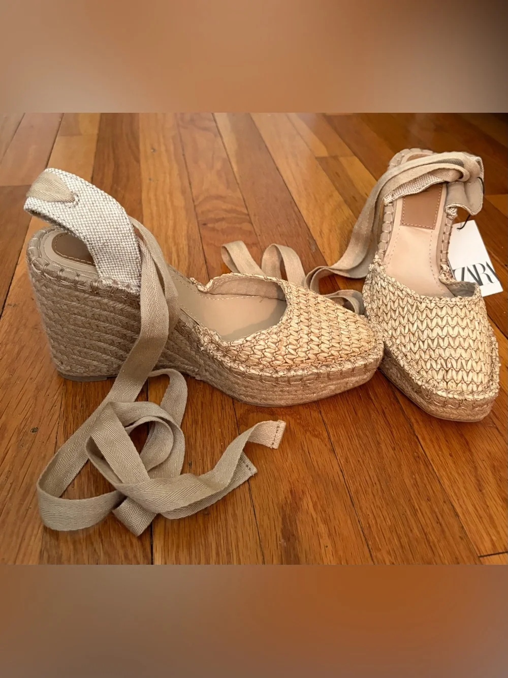Zara Natural Woven Espadrille Platform Wedges with Ankle Tie